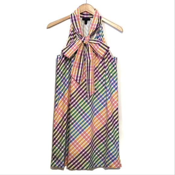 J Crew Gingham Rainbow Stripe Sleeveless Halter Neck Tie Chic Mini Dress Size 4 - Picture 1 of 16